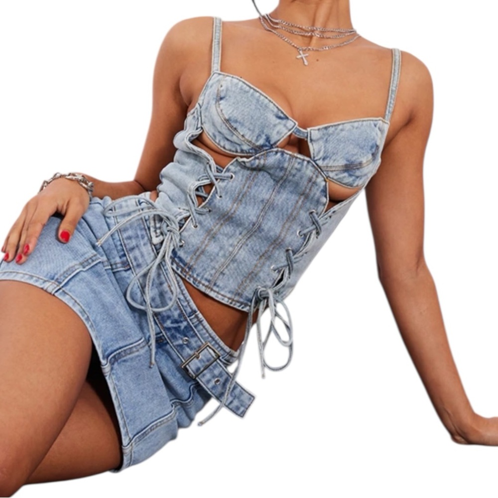 NWT Denim Lace Up Cutout Corset Jean Top - Picture 4 of 13